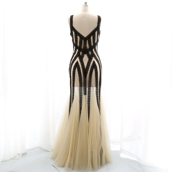 NWT Gothic Mermaid Black Lace Champagne Formal Evening Gown - Picture 2 of 7